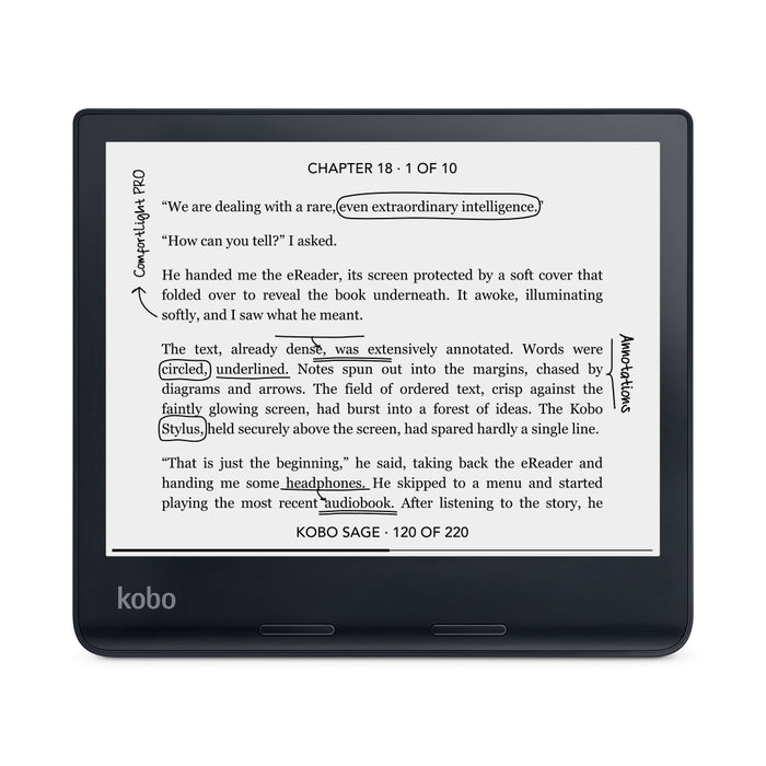 Black Kobo Sage front view in landscape mode.