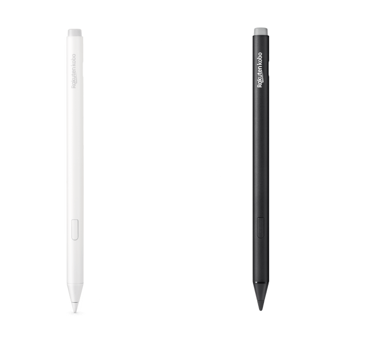 An image of both the black and new white versions of Kobo Stylus 2, showing the built-in eraser, highlighter button and smooth writing tip.