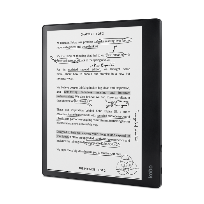 Black Kobo Elipsa 2E angled front view.